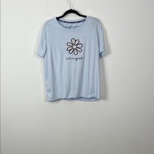 Life Is Good 2 Piece Pajama Short Set Women's M Sky Blue Tee with Flower Design